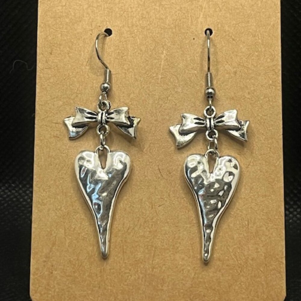 Hammered Heart with Bow Earrings